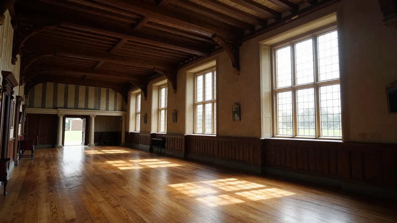 Sunlit Elizabethan long gallery with mullioned windows