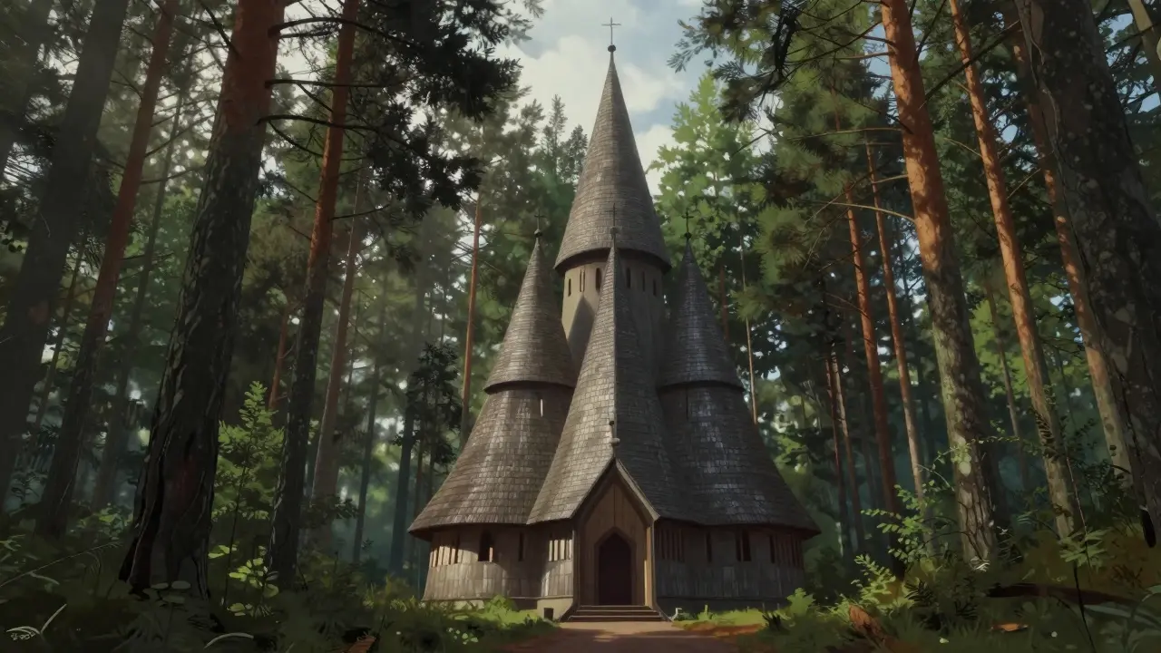 The cone-shaped Bergwaldkirche church nestled among tall pine trees