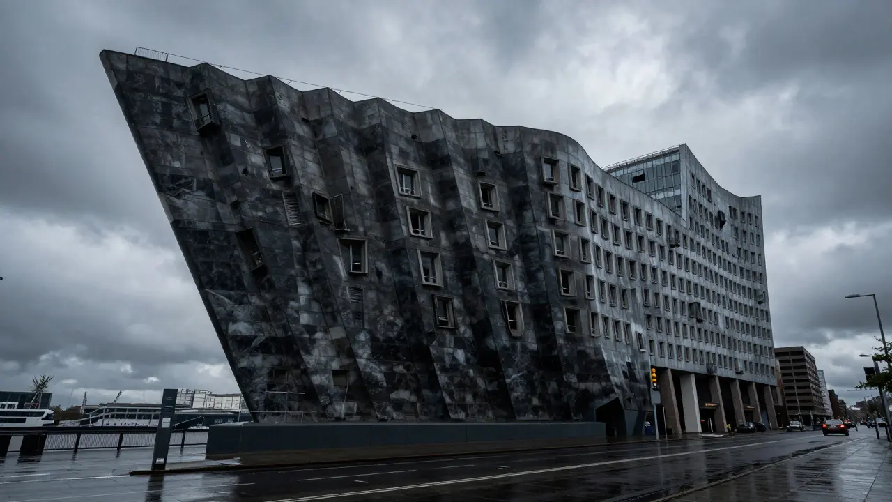 The dark granite Chilehaus building shaped like a ship's prow in Hamburg