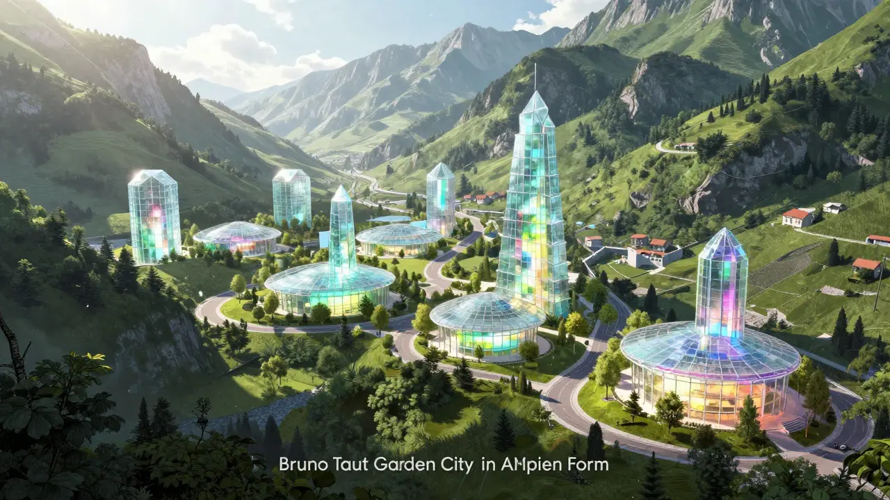 Utopian glass city nestled in green mountains, glowing with colorful light