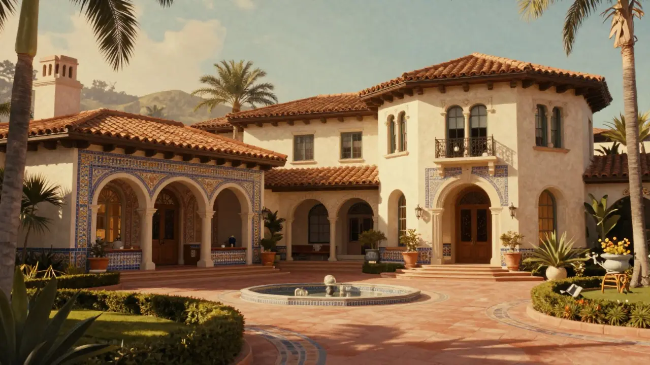 Vintage Hollywood mansion with Mediterranean Revival architecture and ornate details