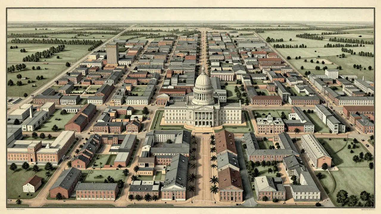 Aerial view of a planned city grid centered around a grand neoclassical capitol building