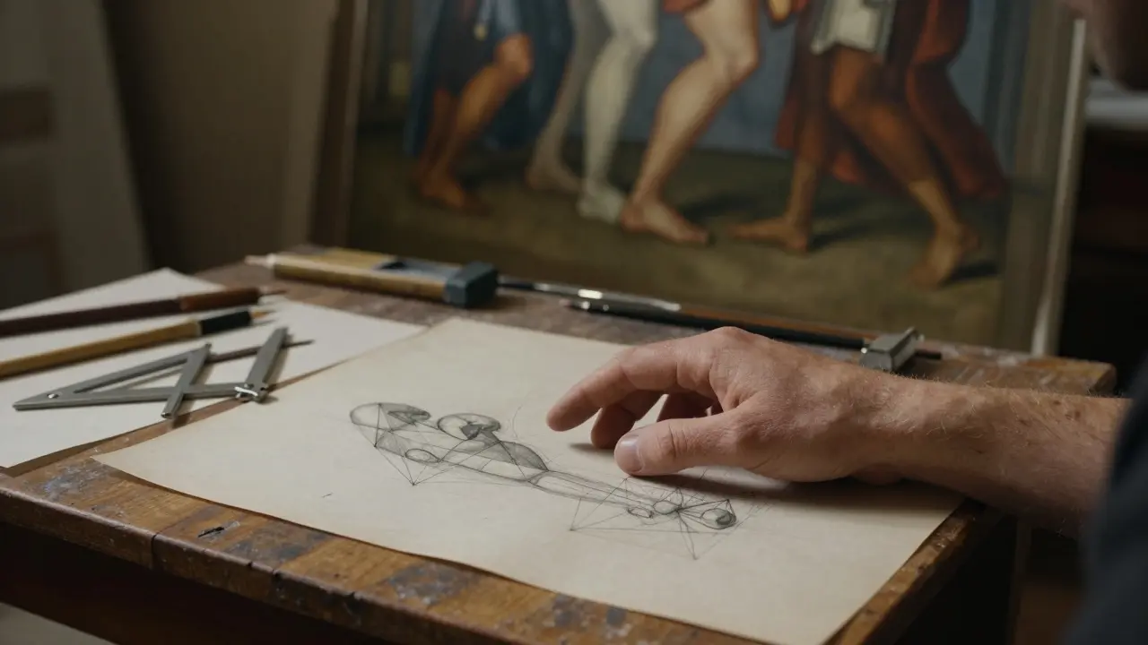 Artist's studio showing anatomical sketches and perspective tools