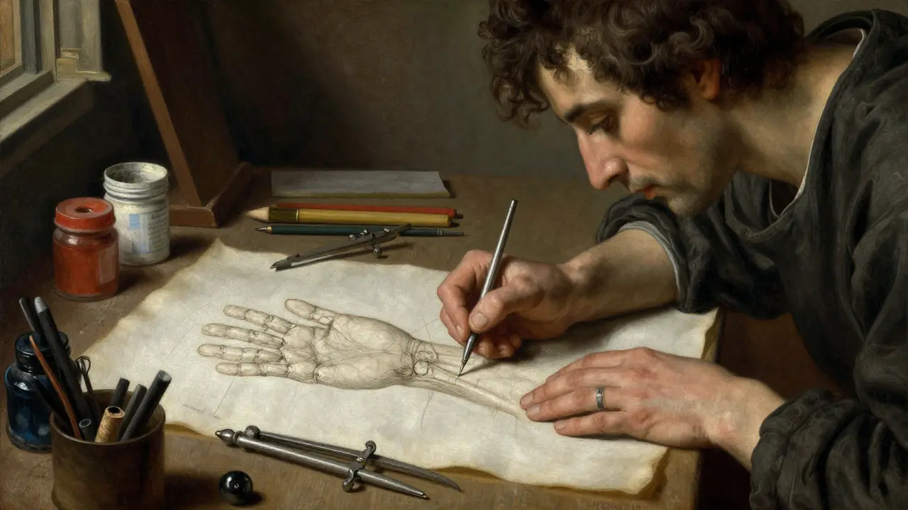 Artist sketching anatomy in a dimly lit workshop with scientific tools