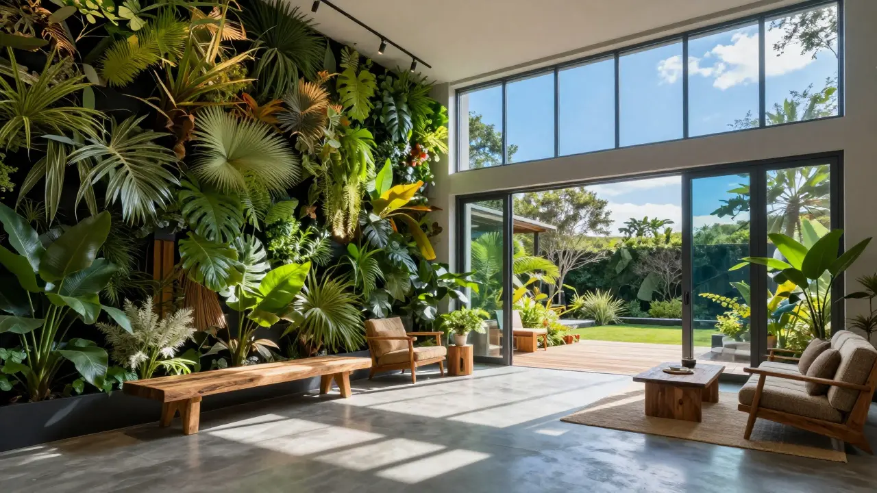 Biophilic interior with living wall, natural light, and reclaimed wood furniture