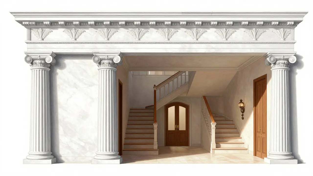 Close-up of carved wood pilasters and grand foyer staircase