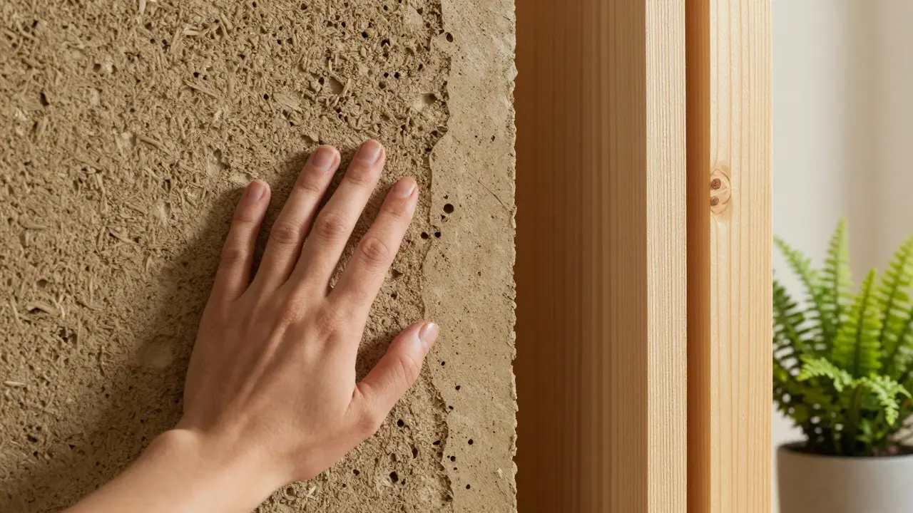 Close-up of hempcrete, rammed earth, and cross-laminated timber materials