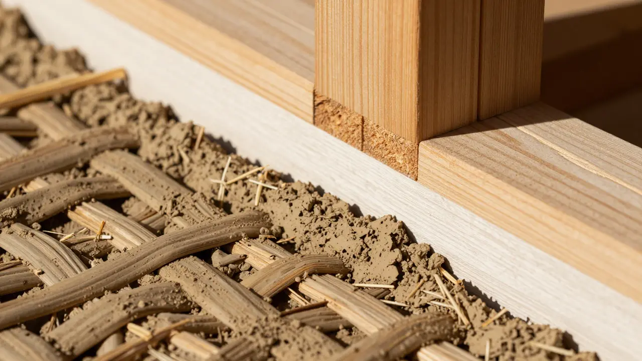 Close-up of wattle and daub infill and oak timber joints