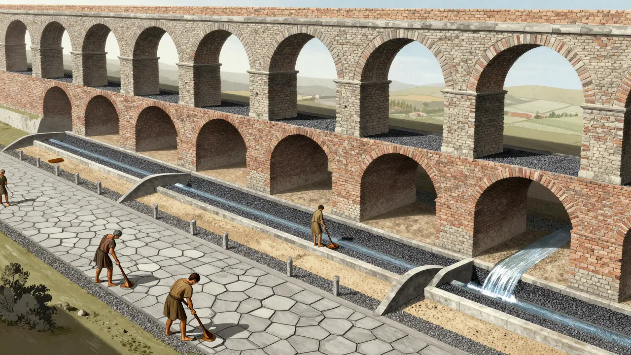 Cross-section showing Roman aqueduct layers and road construction techniques