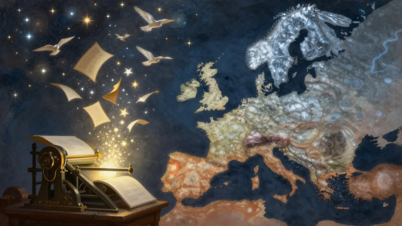Glowing printing press transforming pages into stars over a map of Europe