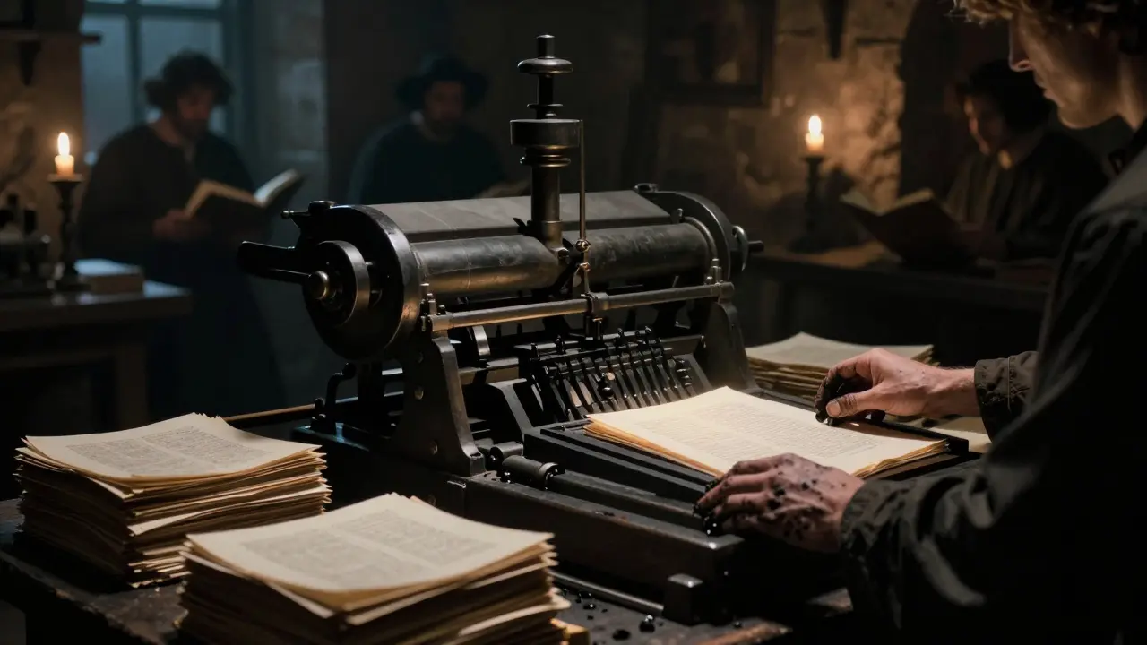 Gutenberg printing press with glowing freshly printed pages