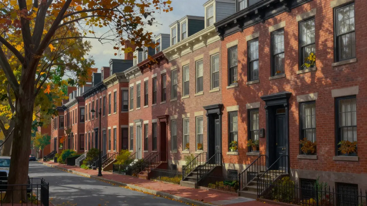Red brick Federal townhouses lining a steep, tree-lined hill in a historic Boston neighborhood