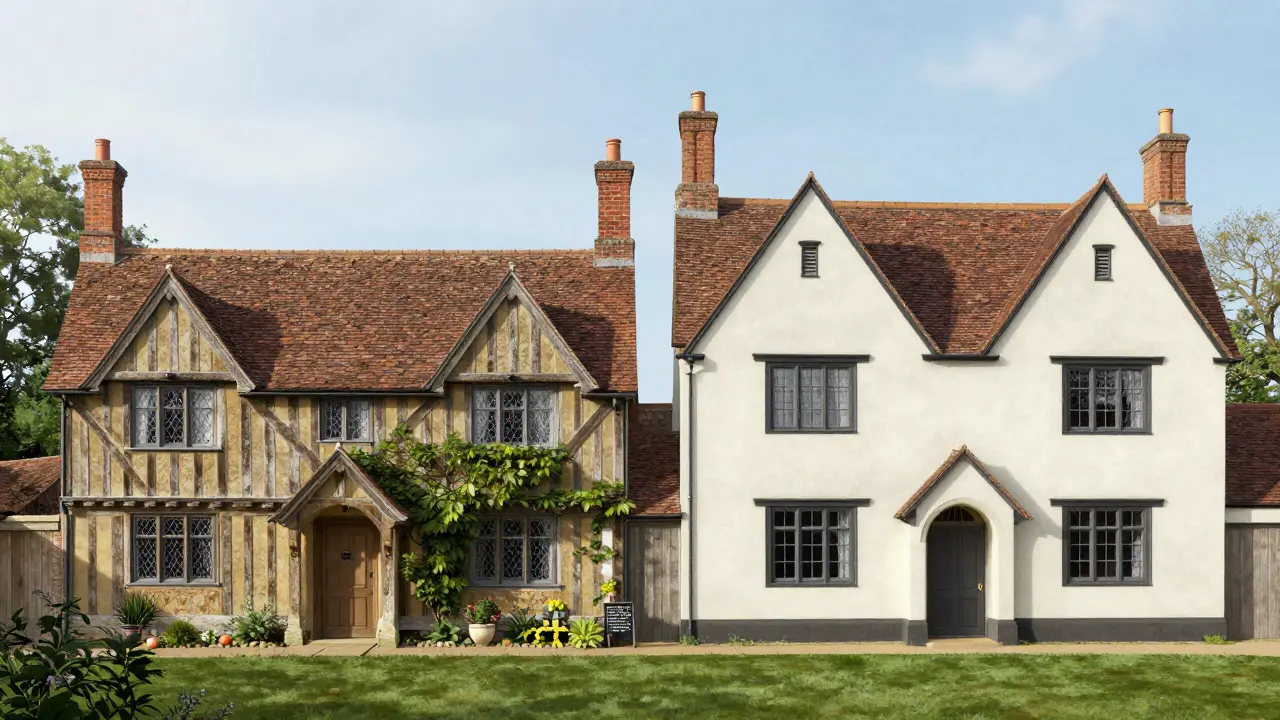 Side-by-side comparison of original Tudor and Revival homes