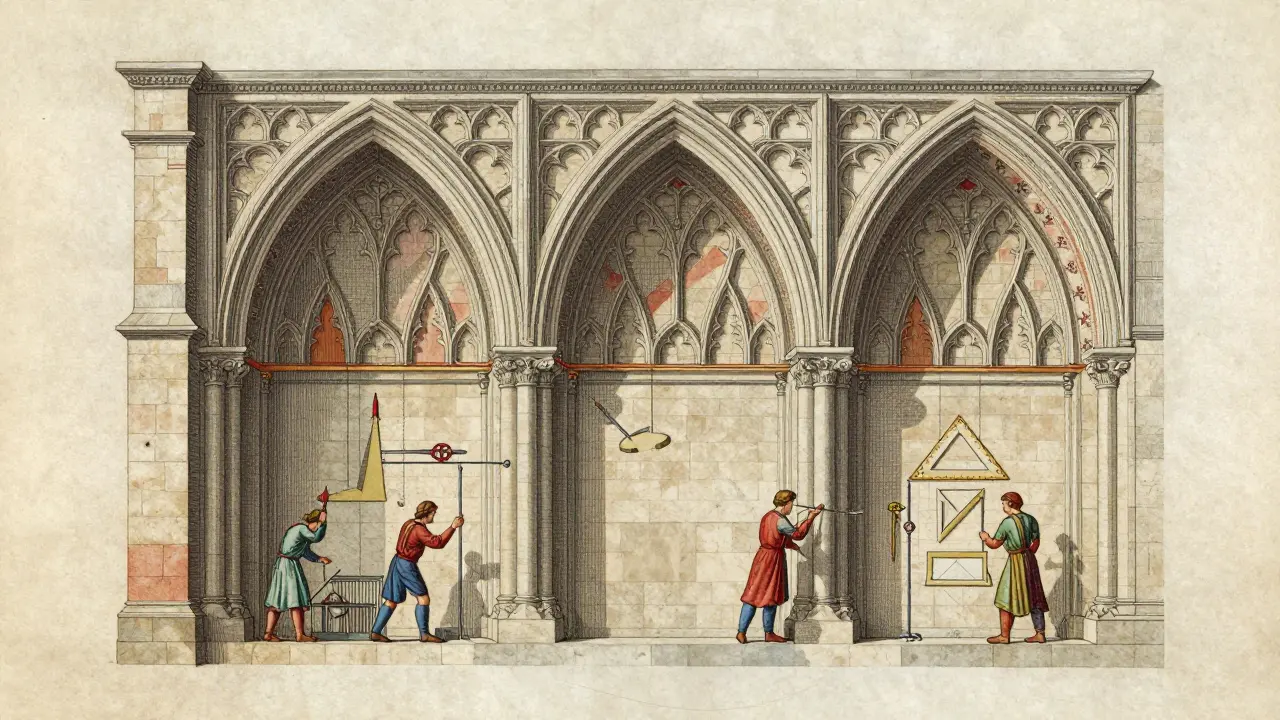 Technical diagram showing Gothic architectural elements like flying buttresses and ribbed vaults