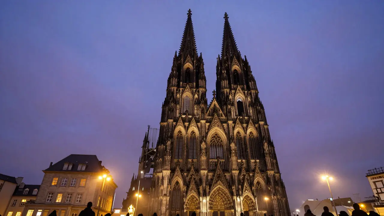 Towering Gothic cathedral spire at twilight with warm lights illuminating the stone facade