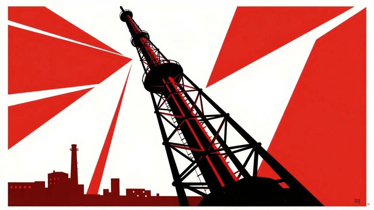 Abstract art of Tatlin's Tower with dynamic red and black lines