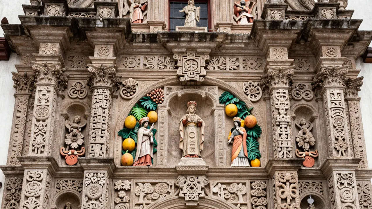 Detailed stone carving blending indigenous and Christian motifs
