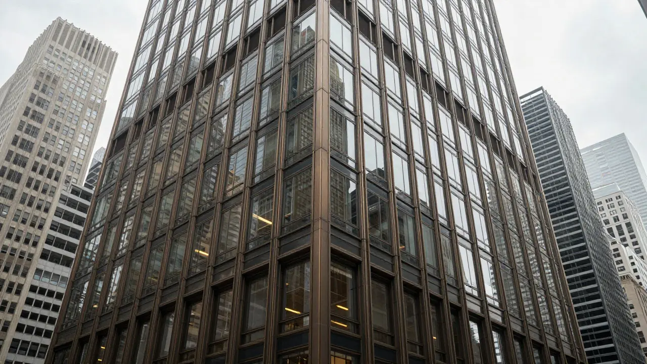 Glass and steel skyscraper with exposed structural beams reflecting the city