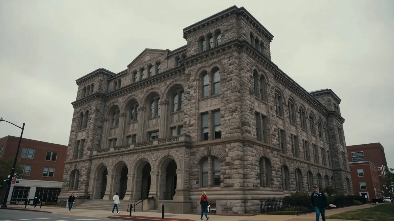 Grand historic stone courthouse with arched entrance and towers