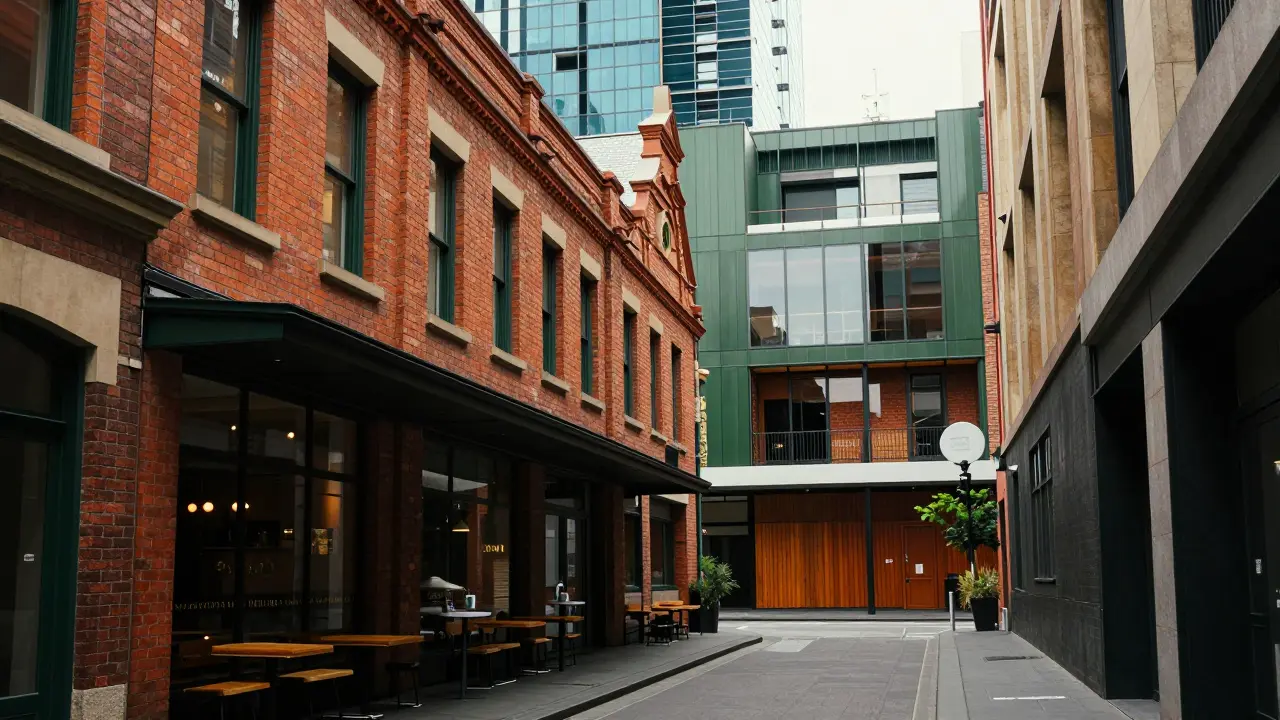Melbourne laneway blending Victorian facades with modern cafe interiors