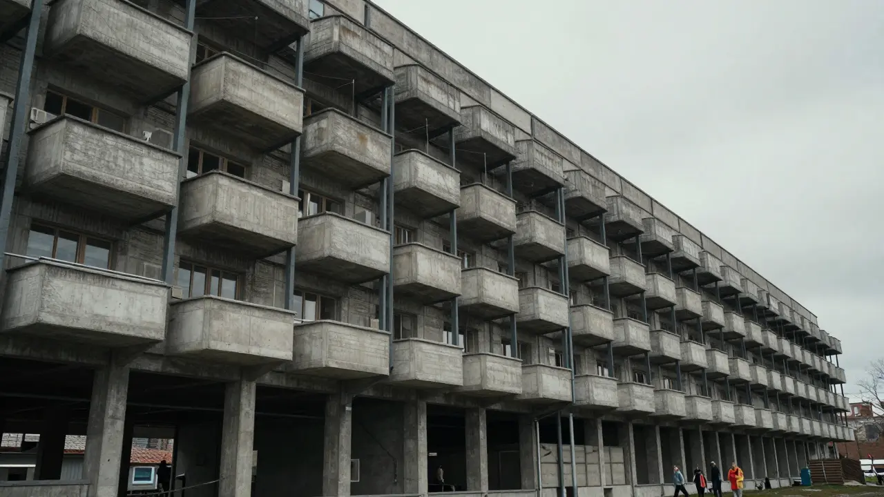 Narkomfin building showing balconies and communal living design