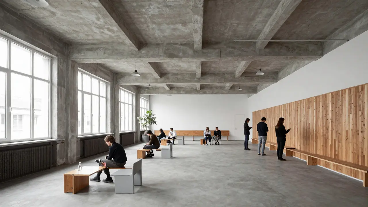 Restored Constructivist interior with people collaborating