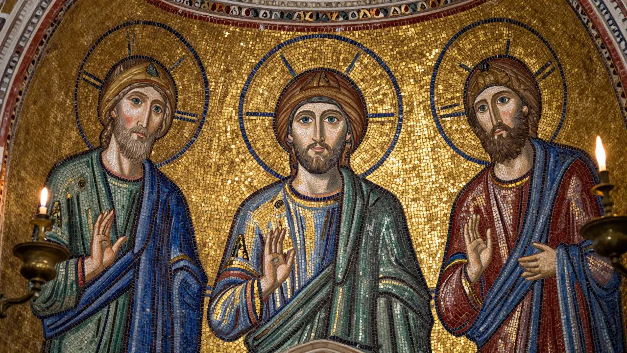 Shimmering gold Byzantine mosaics with stylized figures