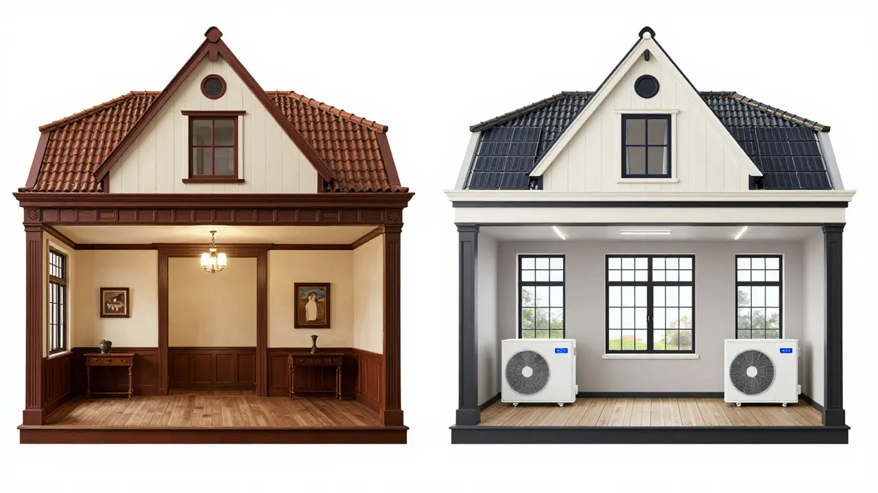 Split view comparing traditional 1920s interior with modern energy-efficient renovation updates