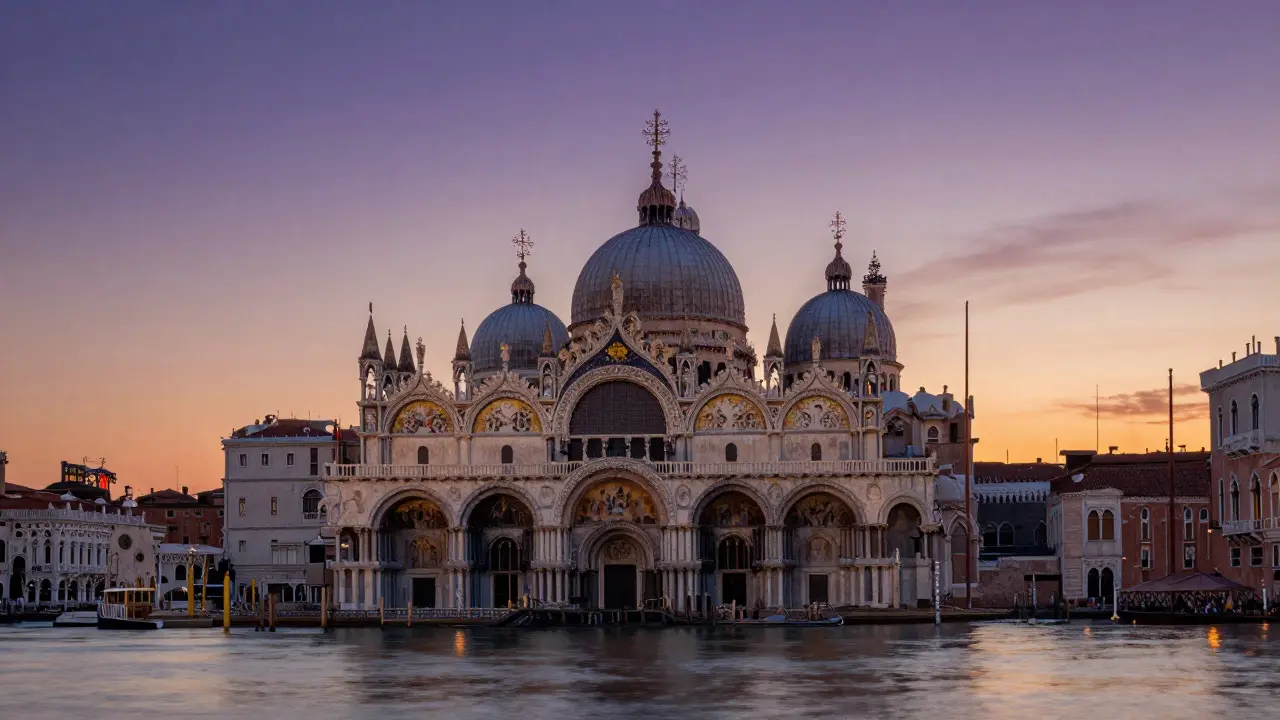 St. Mark's Basilica domes reflecting in Venetian lagoon