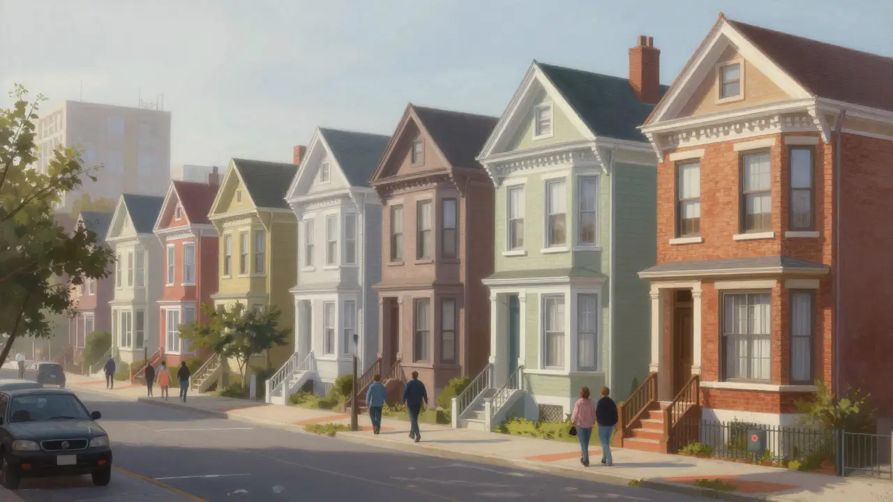 Street view of preserved Dutch Colonial Revival neighborhood showcasing community cohesion