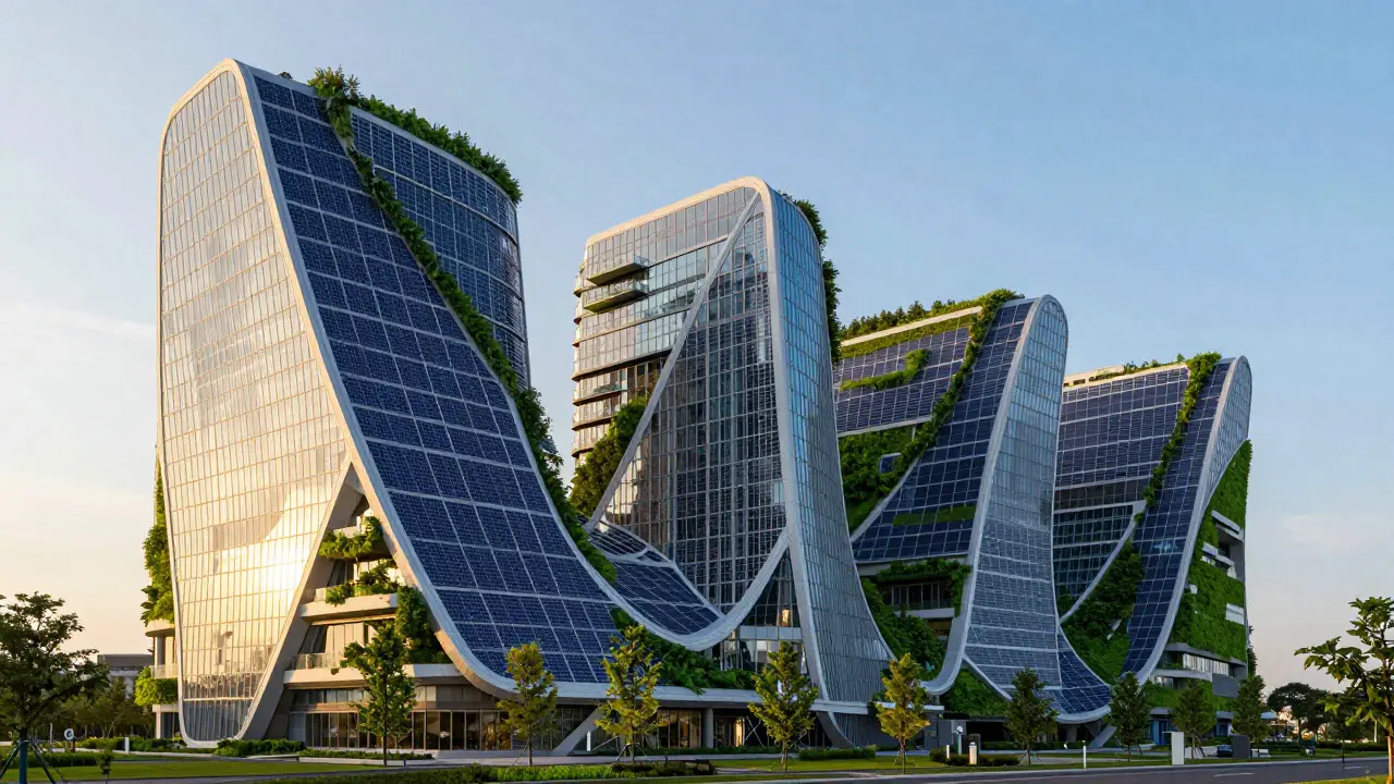 Sustainable building with parametric facade integrated with greenery
