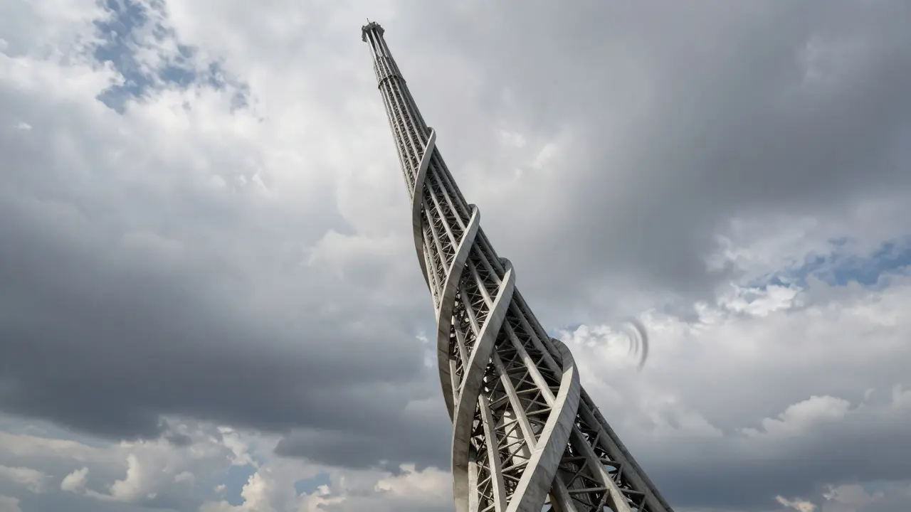 Twisted steel helix tower representing Constructivist engineering