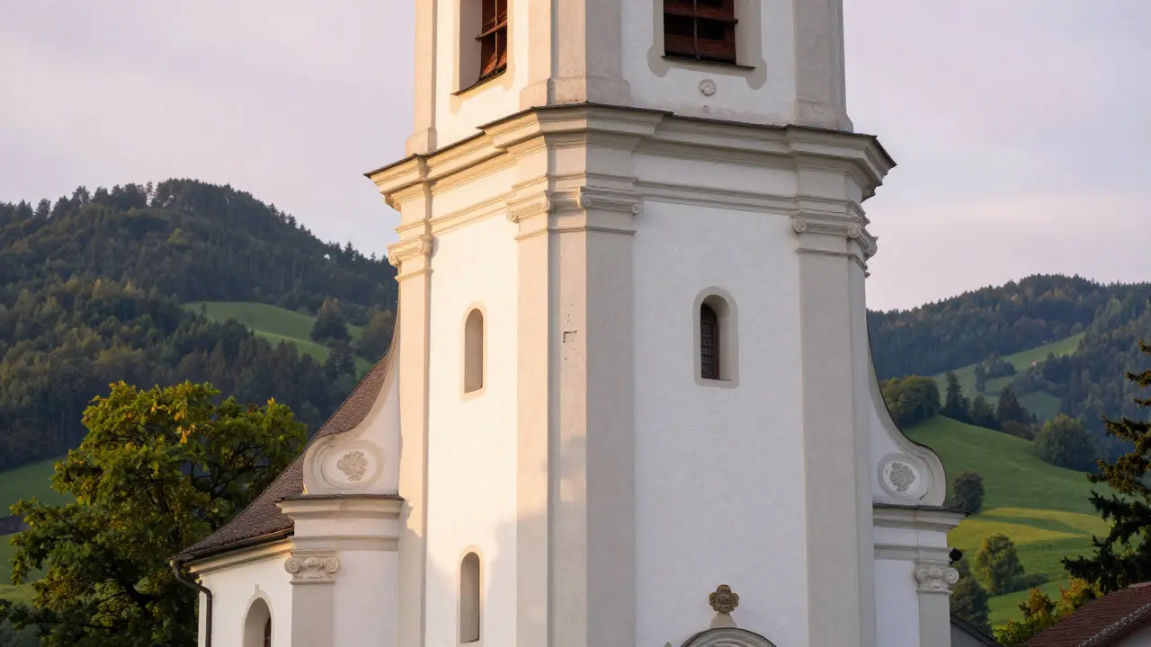 White stucco facade of the Pilgrimage Church of Wies in Bavaria