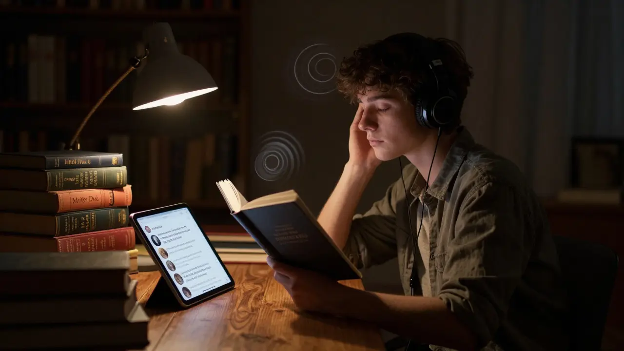 A person listening to a classic novel audiobook in a dark, cozy study environment