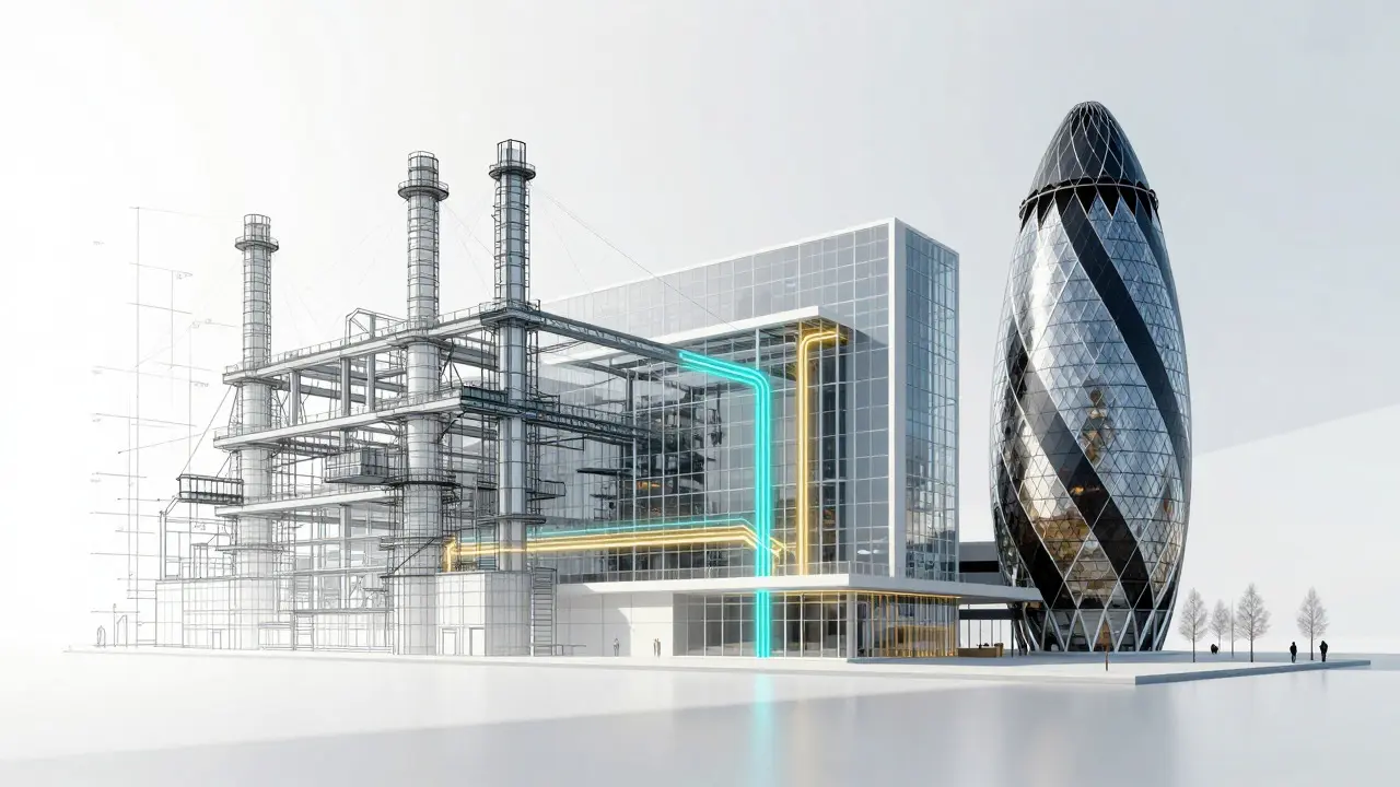 Abstract blend of 1920s blueprints and modern high-tech architecture structures
