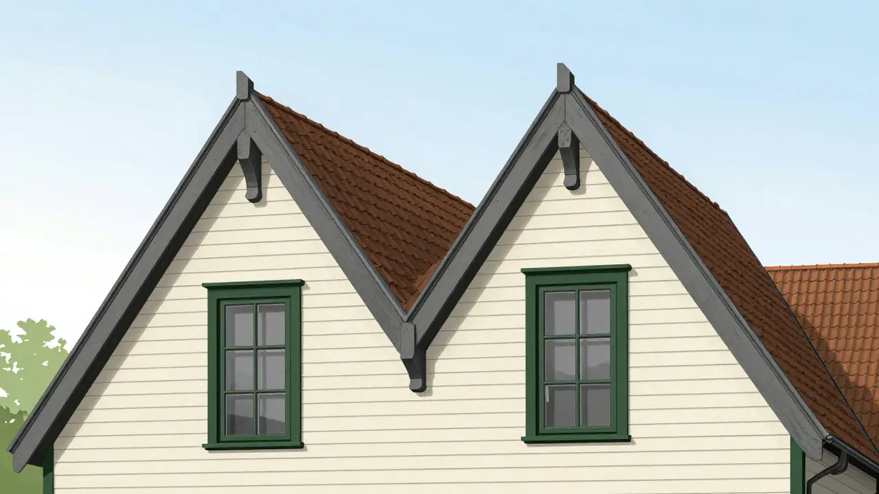Architectural detail of gambrel roof and 6/6 windows on colonial house