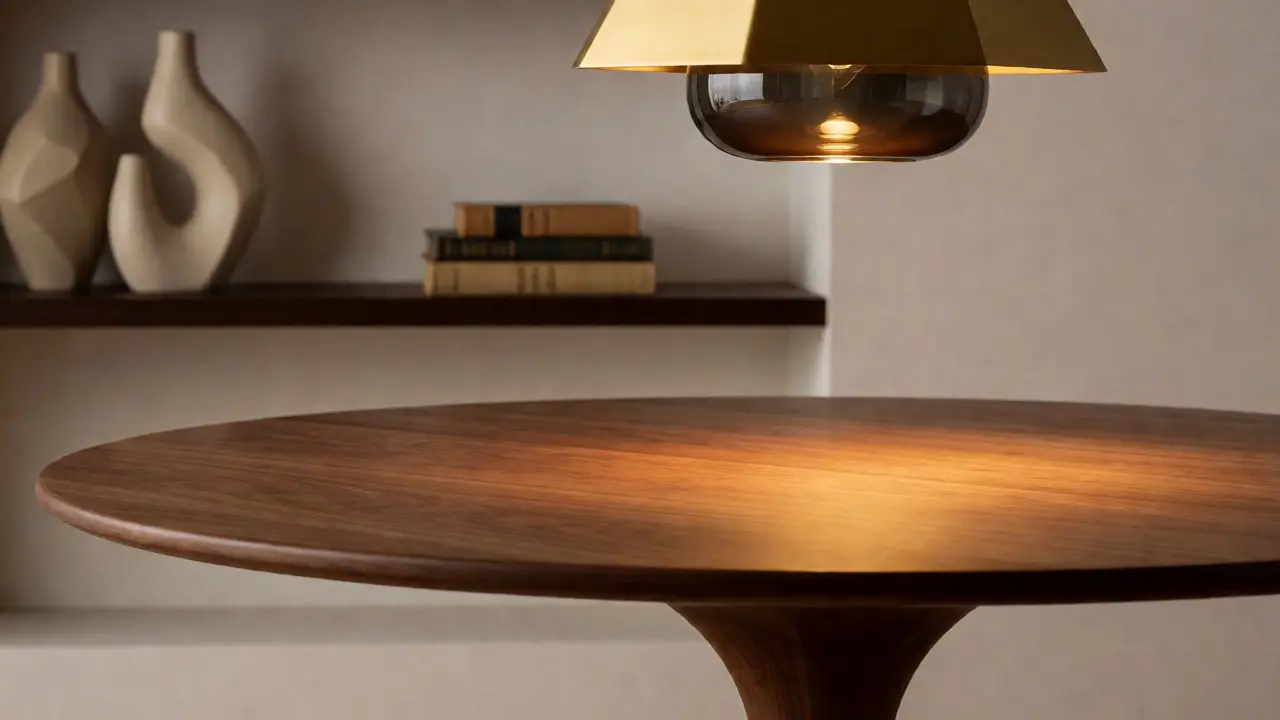Brass pendant light over round walnut pedestal table close-up