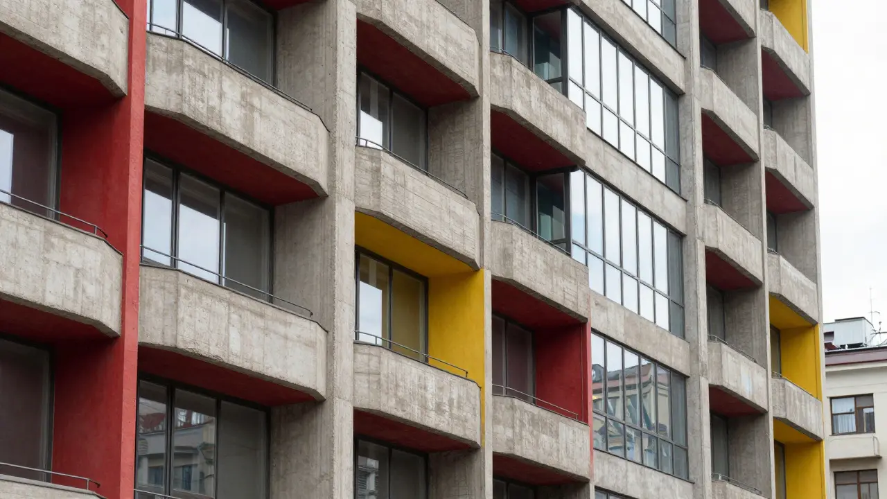 Close-up of Narkomfin Building showing concrete, glass, and red accents