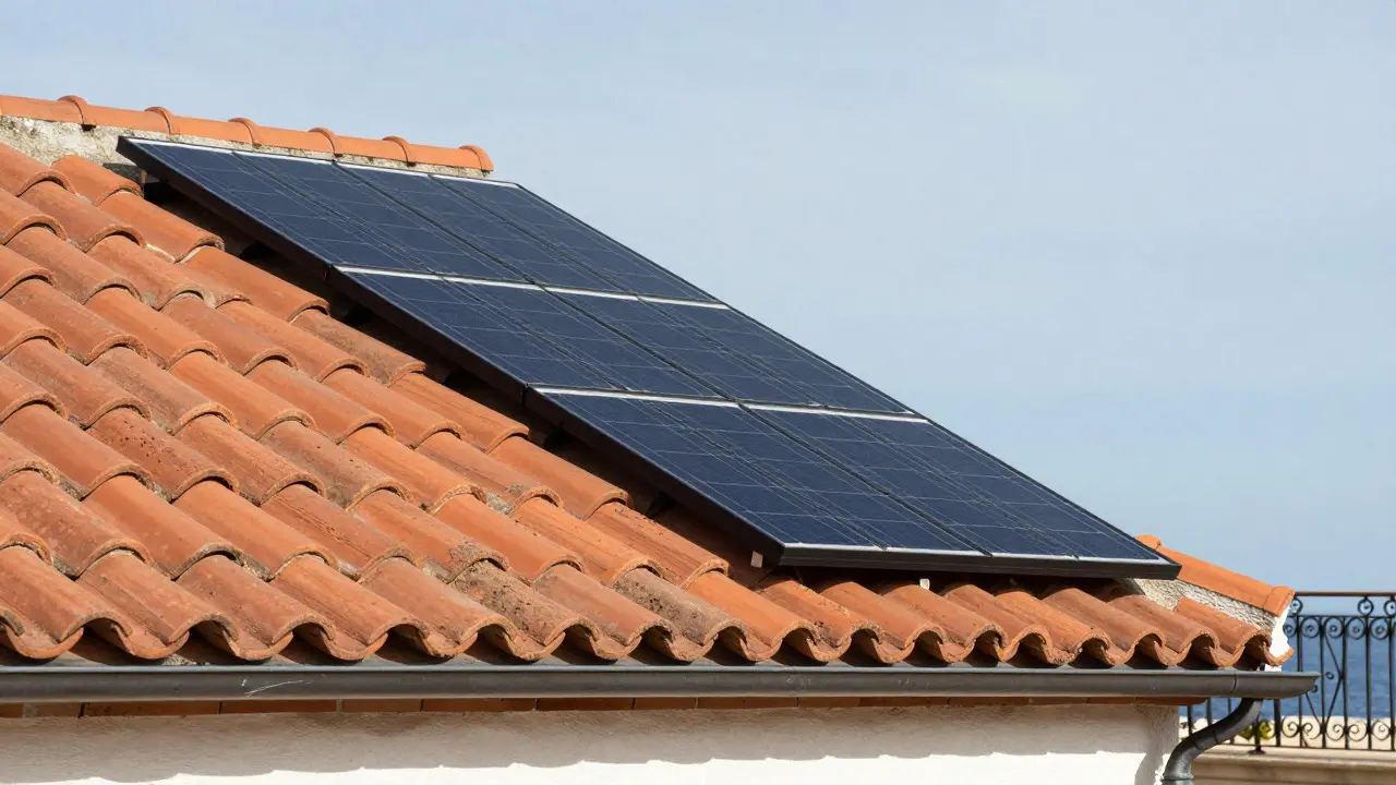 Close-up of terracotta roof tiles integrated with modern solar panels and wrought iron details