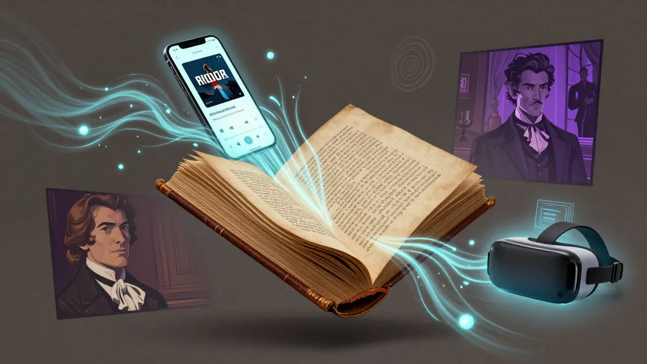 Conceptual art showing a vintage book transforming into digital audio and visual formats