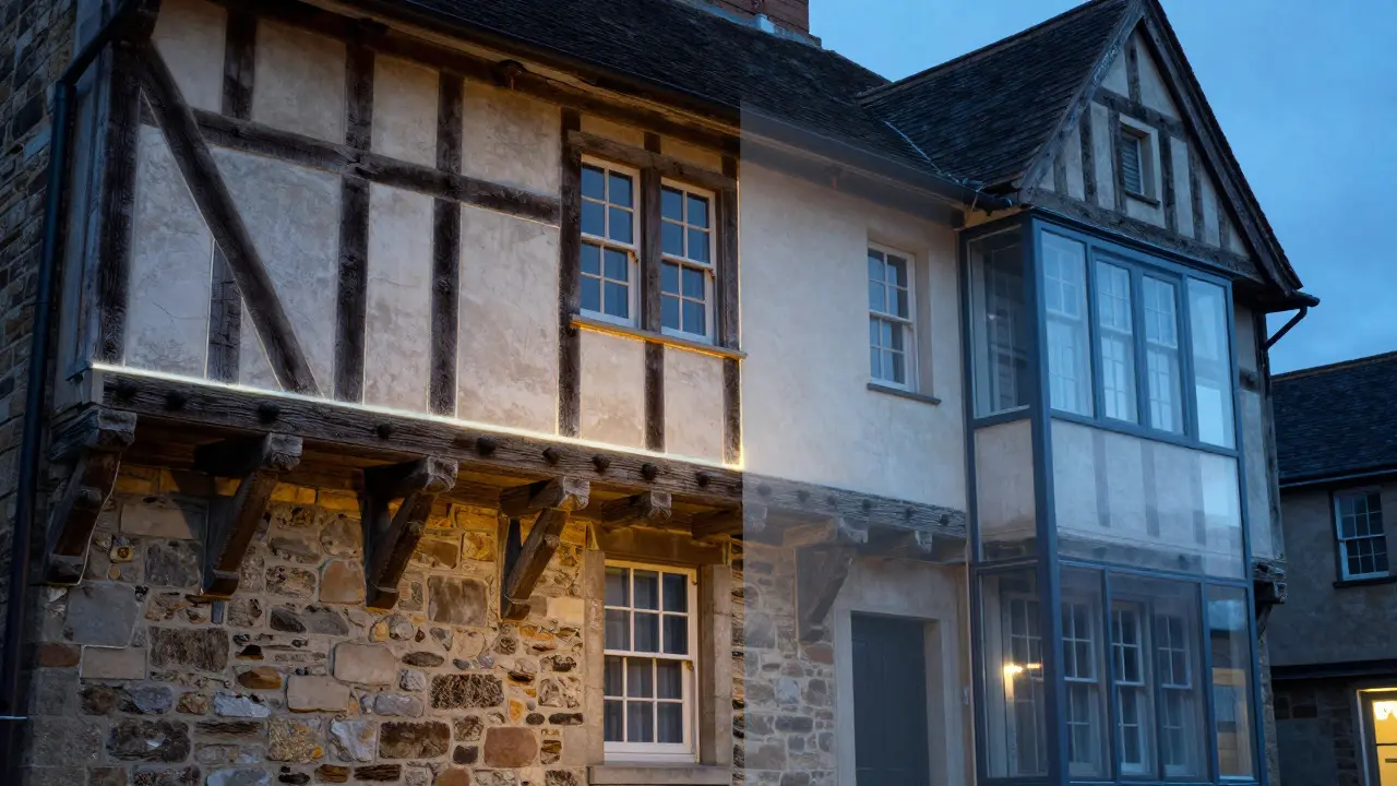 Conceptual art showing the preservation and modern retrofitting of colonial structures