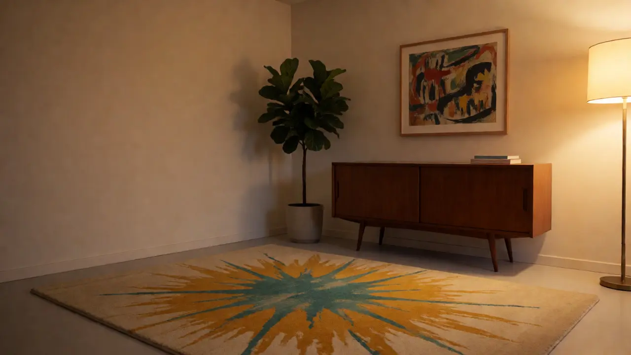 Cozy evening MCM dining room with starburst rug and plants