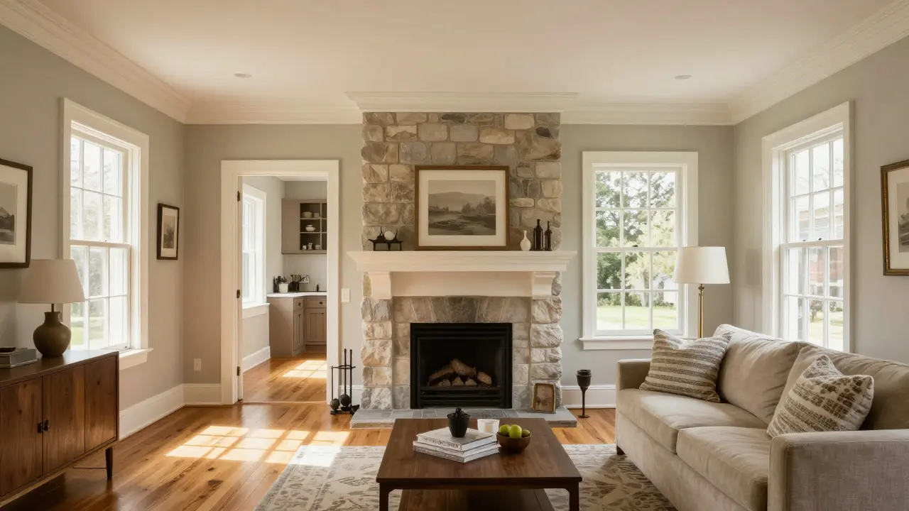 Cozy interior with high ceilings, stone fireplace, and hardwood floors