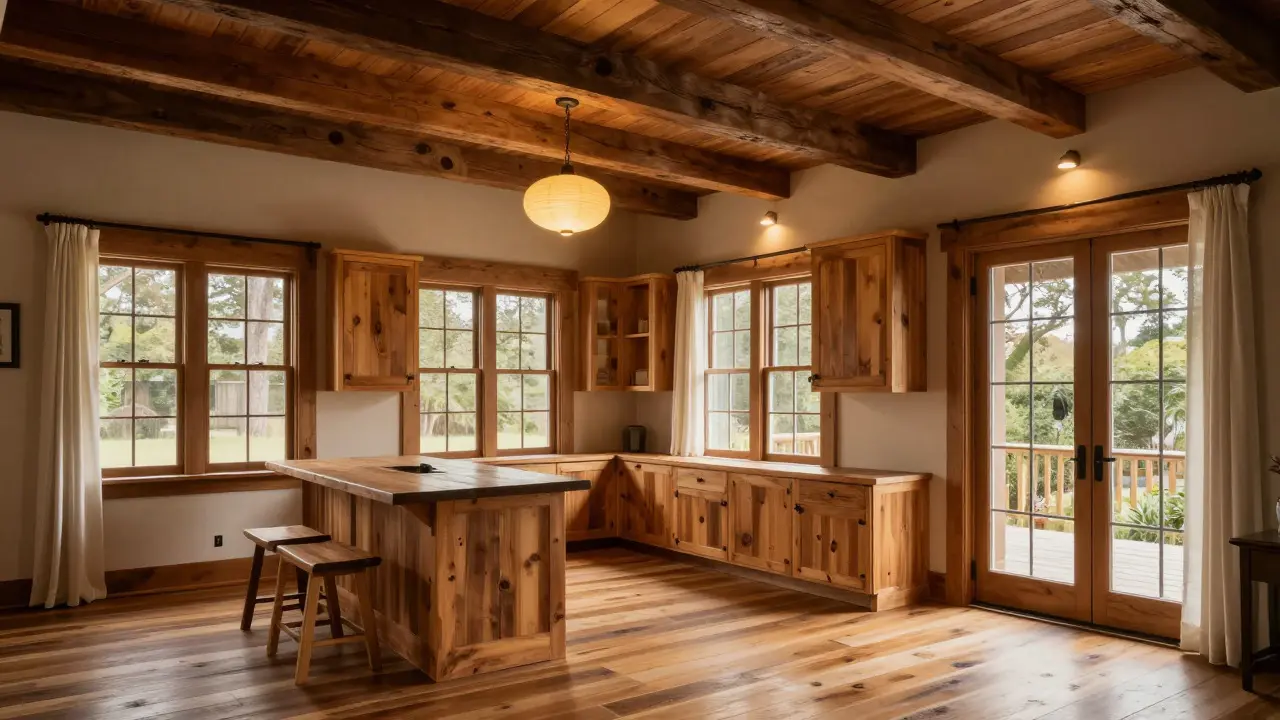 Interior of a Craftsman home featuring exposed rafters and built-in wood cabinetry