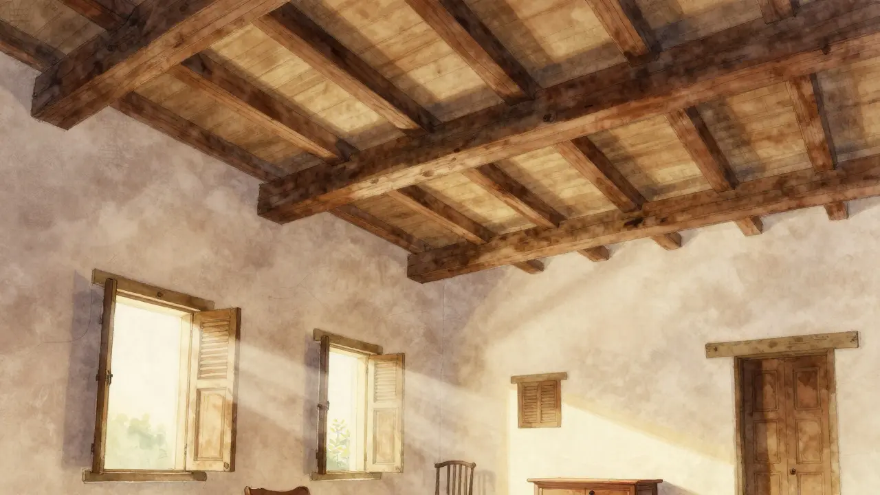 Interior view of high ceilings and open louvered windows in a colonial home