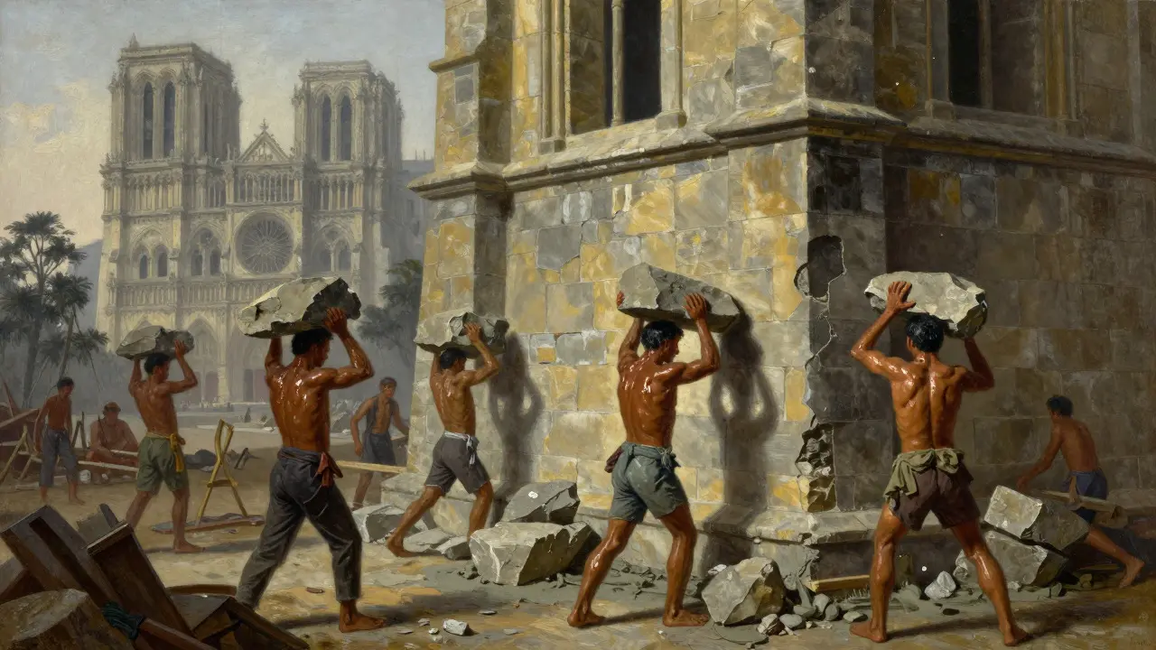 Local laborers carrying stones to build a Gothic cathedral in tropical Southeast Asia.