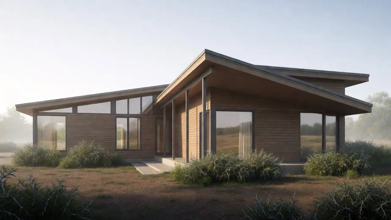 Modern ranch-style house with timber cladding and flat roof sections set in a landscaped environment.