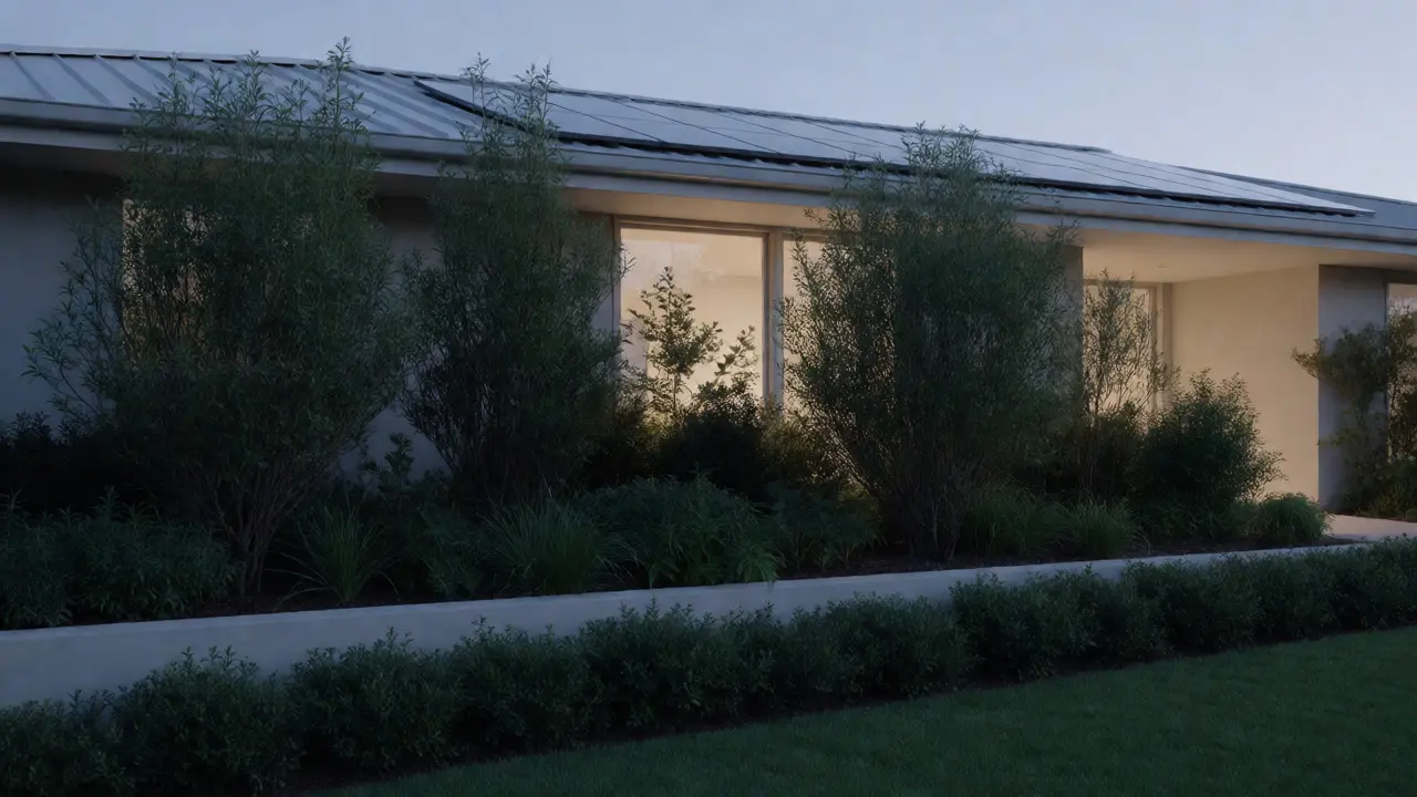 Modernized ranch home exterior with landscaped grounds and evening lighting