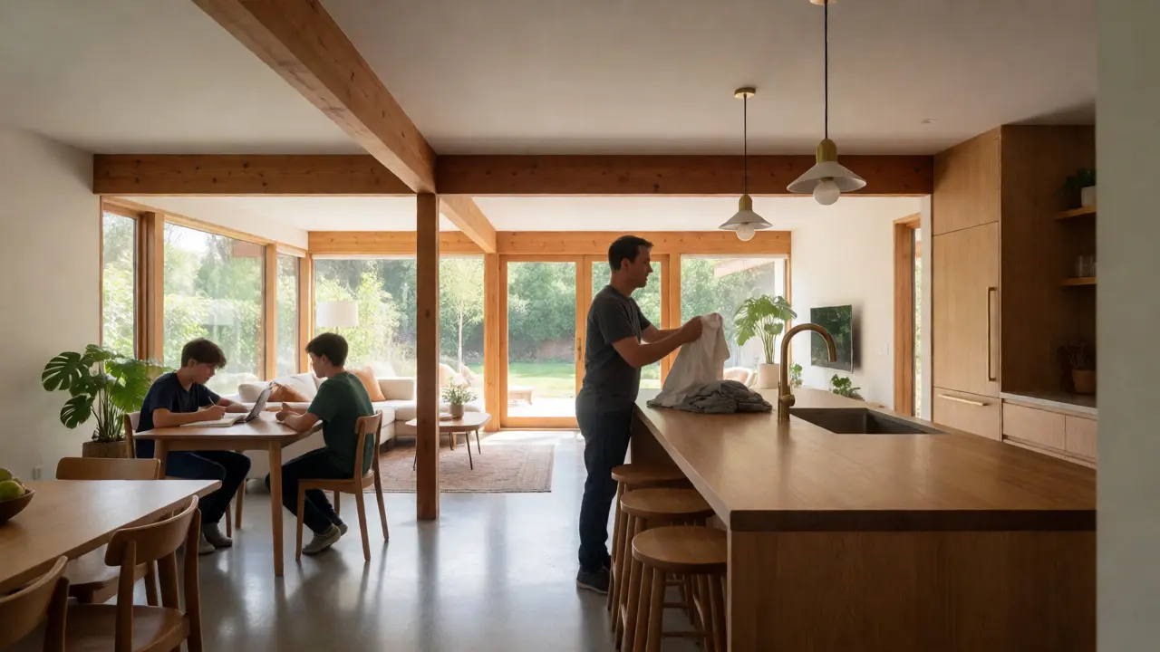 Open-plan interior of a renovated ranch home showing family interaction and seamless indoor-outdoor flow.