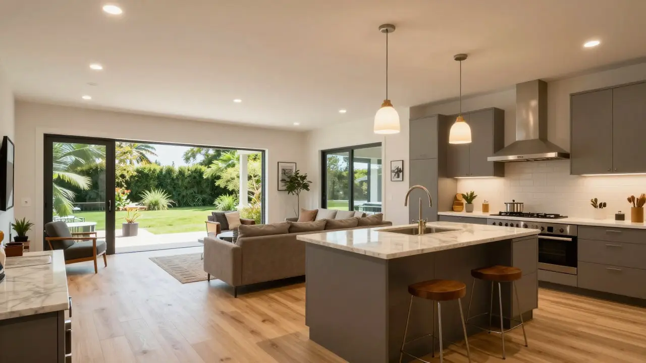 Open-plan kitchen and living area with glass doors opening to a garden